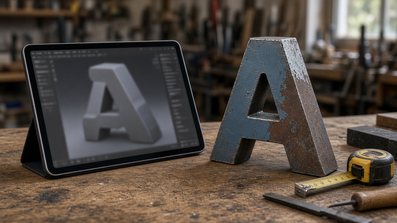 Letra 3D fabricada junto a un diseño en una tablet, en el taller